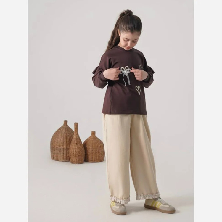 ست بلوز و شلوار بگ دخترانه طرح قلب گیپور دورس و کتان سایز 50 تا 65 مناسب 7 تا 14 سال