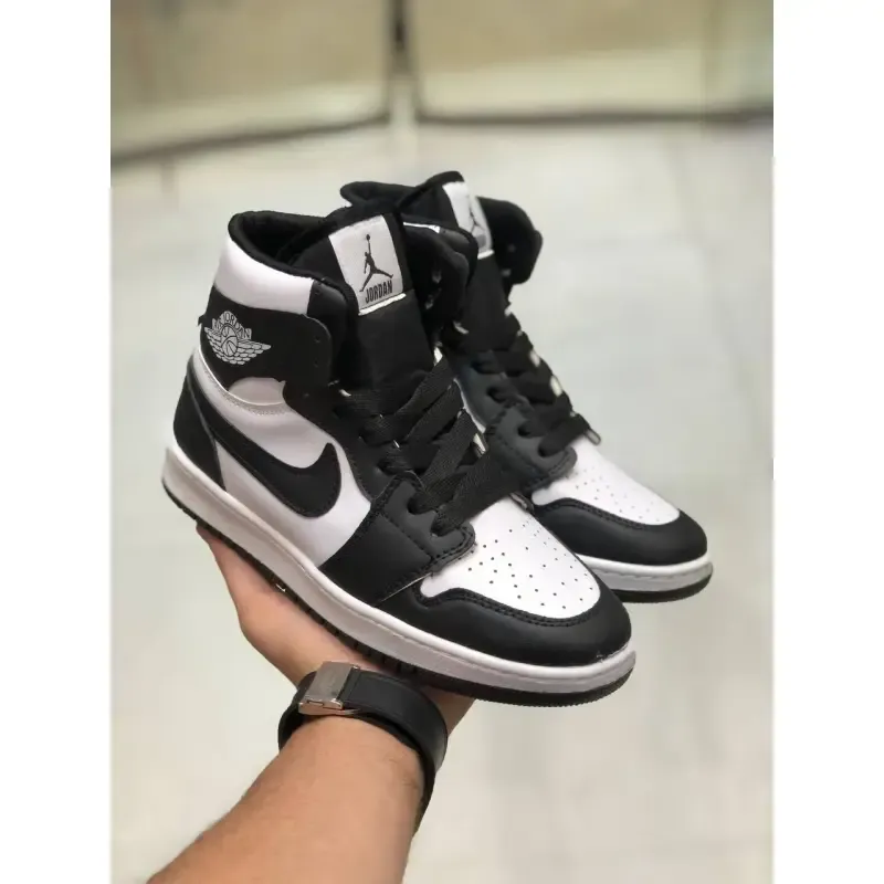 کفش جردن ساقدار زنانه نایک سفید مشکی چرم صنعتی زیره PVC