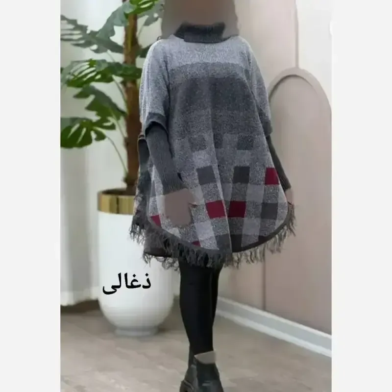 پانچ بافت طرح برفی زنانه آستین کشبافت فری سایز پاییزه و زمستانه