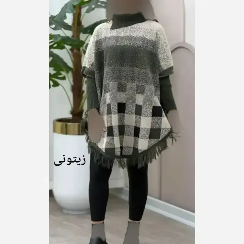 پانچ بافت طرح برفی زنانه آستین کشبافت فری سایز پاییزه و زمستانه