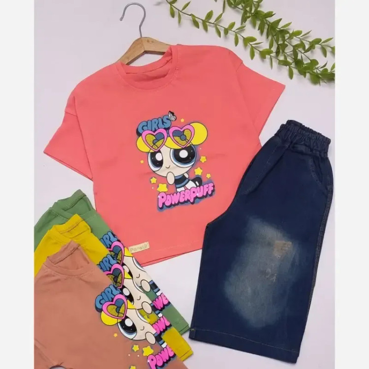 ست تیشرت و شلوارک جین دخترانه سایز 35 تا 50