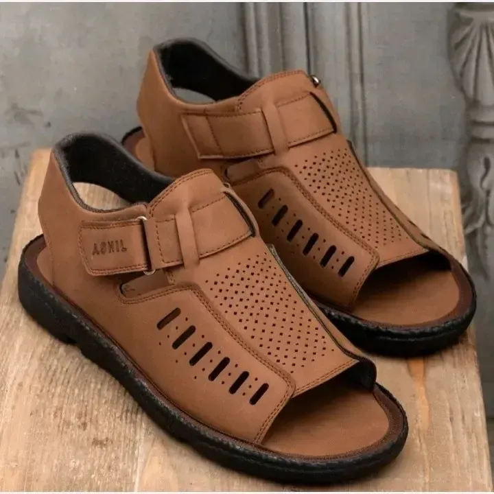 صندل تابستانی مردانه چرم مصنوعی رنگ عسلی