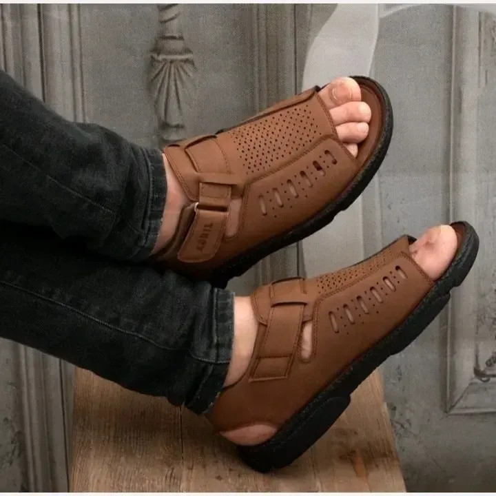 صندل تابستانی مردانه چرم مصنوعی رنگ عسلی